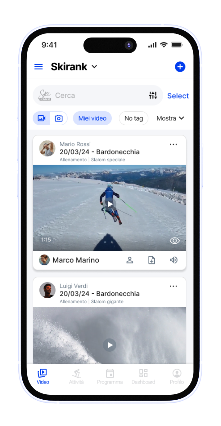 Timeline video reale dell’app Skirank